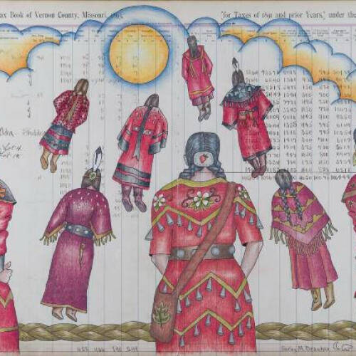 Image of Indigenous women in red dresses being pulled upwards to the sky.